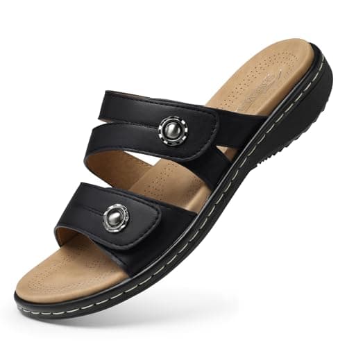 SHIBEVER Flat Sandals Women Dressy Walking Comfortable Arch Support Plantar Fasciitis Slides Sandals Black Summer Sandal Size 9