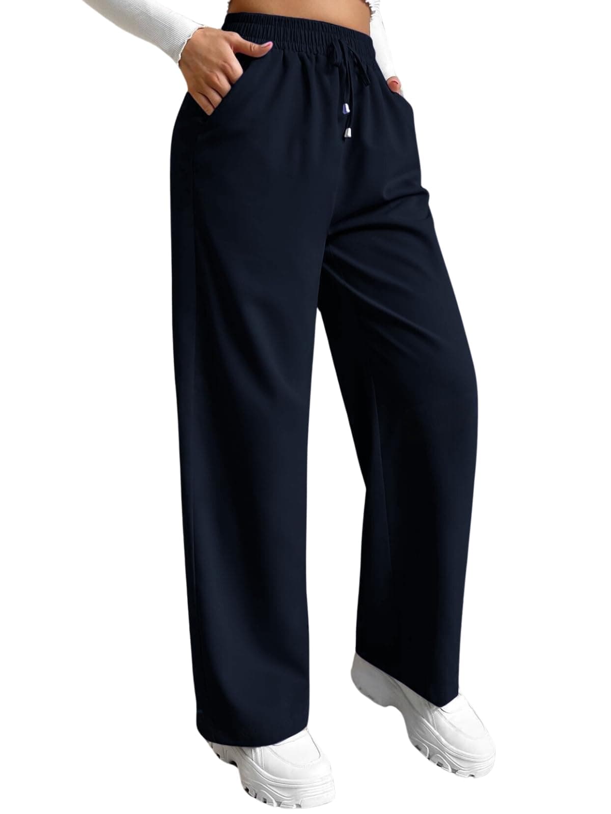 Leriya Fashion High Waist Trousers for Women – Flared Korean Style Formal Pants | Elegant Workwear for Office, College & Events Blue