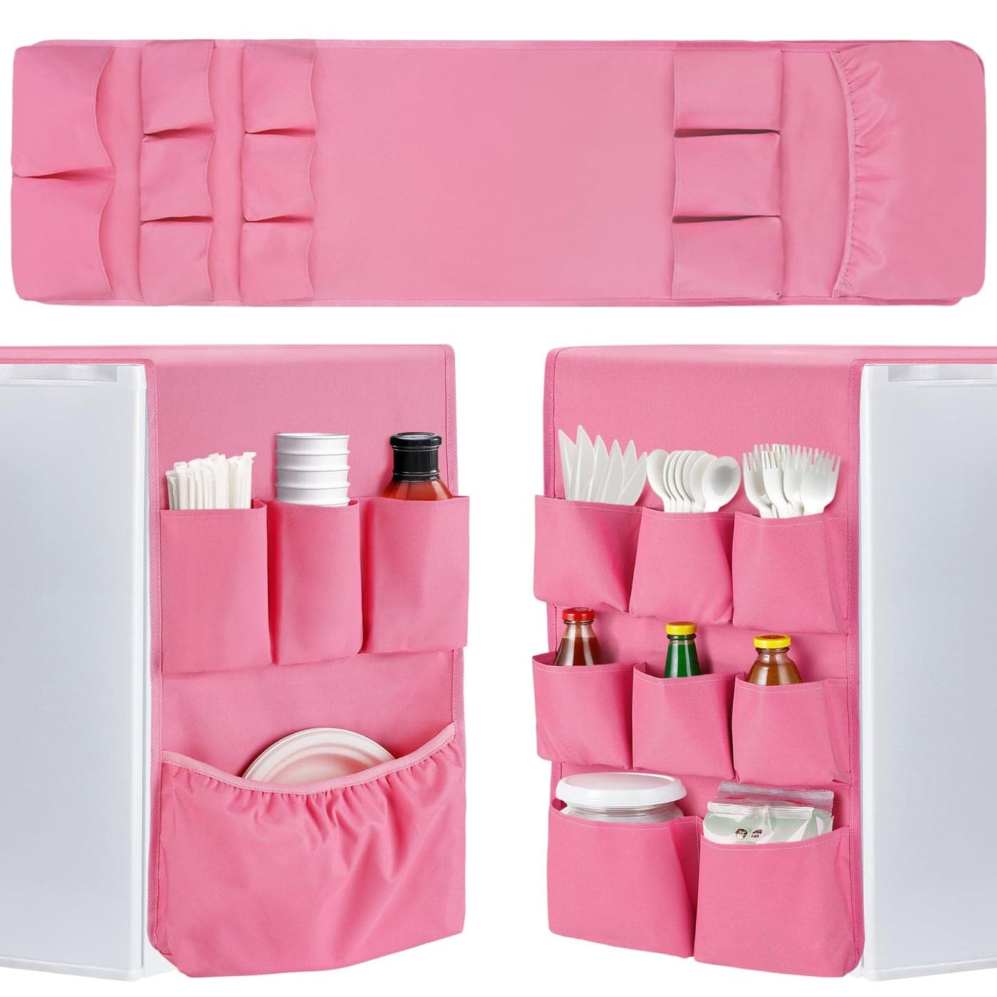 Extended Mini Fridge Caddy Organizer 55 x 13 Back to School Dorm and Office Over the Fridge Storage Organizer with 12 Pockets for Flatware Drink Paper Goods College Must Have Pink