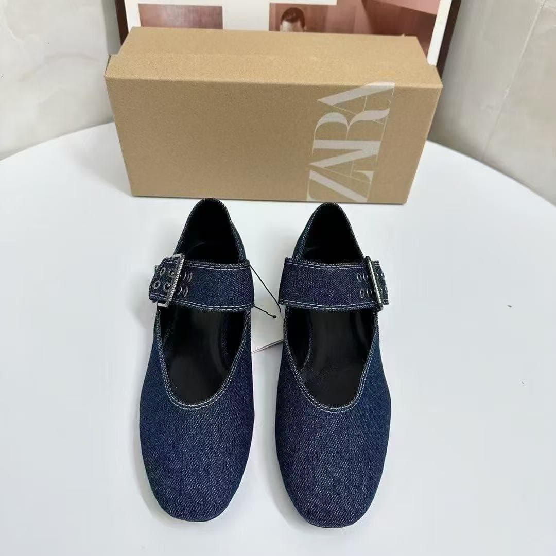 Za2025 Spring New Women'S Shoes Blue Buckle Decorated Denim Fashion Ballet Style Flats Shoes Fashionable Versatile Flats