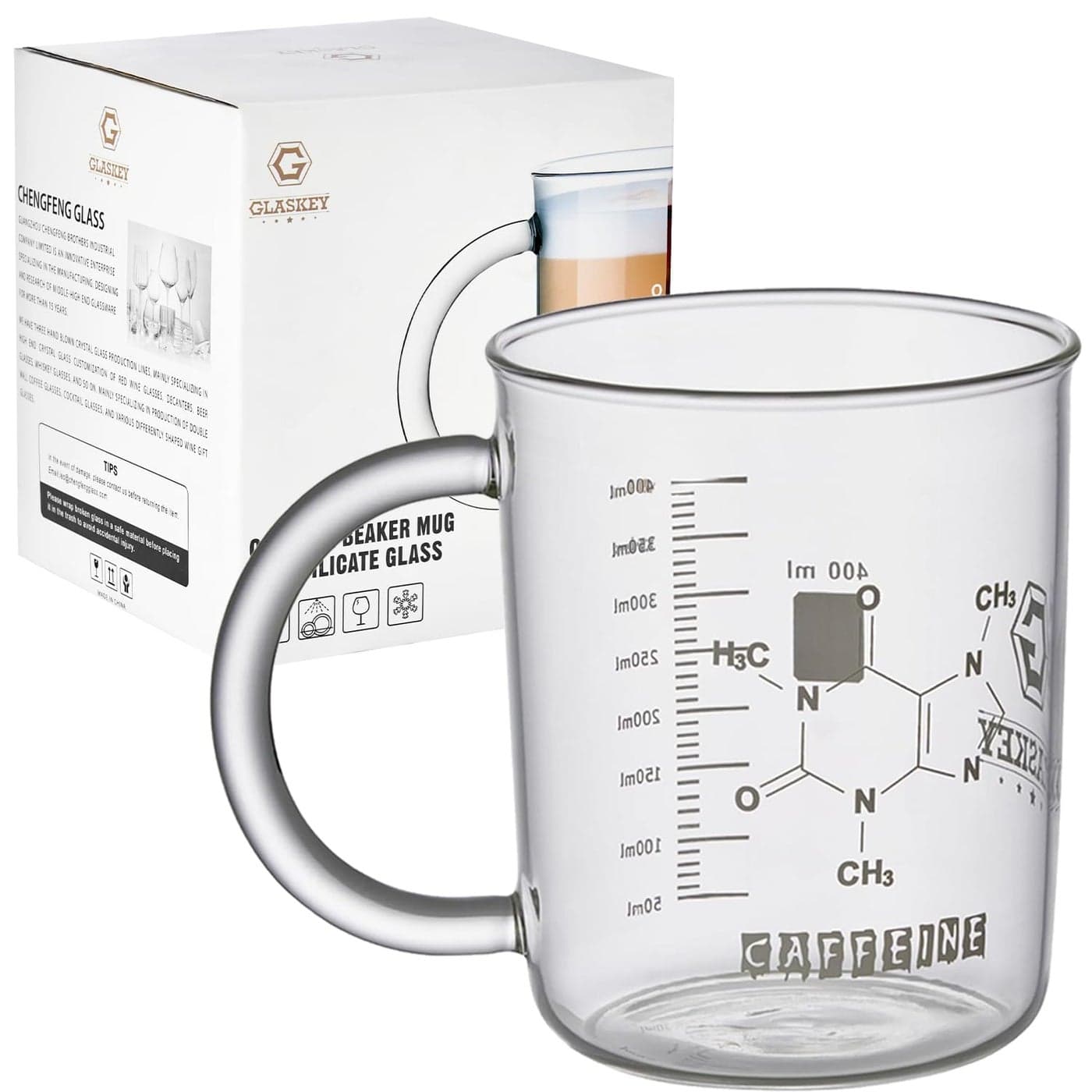 GLASKEY Caffeine Beaker Mug,16 oz Anti-dripping Borosilicate Caffeine Mug,Cool Coffee Mugs with Handle,Chemistry Mug,Measuring for Coffee,Tea,Hot and Cold Beverage