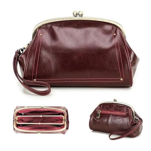 Contacts Dual Kiss Lock Clutch Bag for Women Leather Evening Bag Large Clutch Purse Vintage Handbag Phone Organizer (Wine Red)
