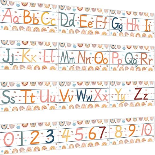 gisgfim 12 Pieces Alphabet Bulletin Board Strips Set Boho Rainbow Alphabet Line ABC Alphabet Banner & Number Border Posters for Preschool Kindergarten Classroom Playroom Bedroom (Boho)