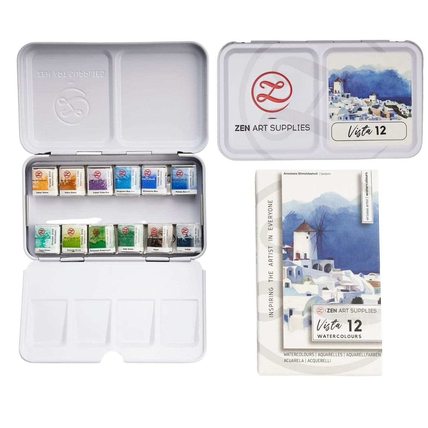 ZenART Supplies Professional Watercolour Paint Set Vista NonToxic 12 HalfPan in Metal Tin Palette Portable Travel Vibrant Water Color SPN0022PW12SC