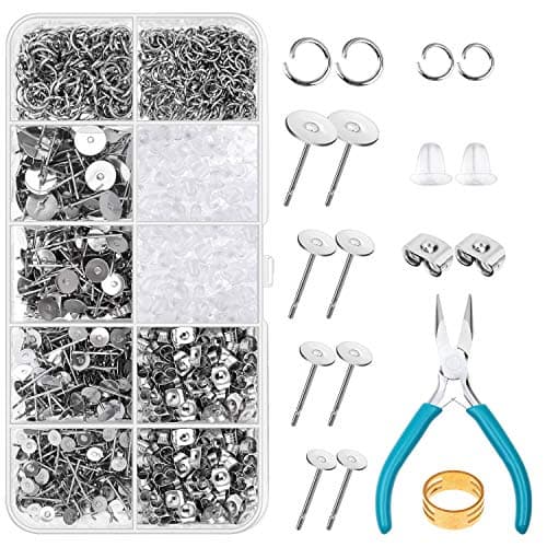 Caffox Hypoallergenic Earring Posts and Backs, 1800pcs Stainless Steel Stud Earring Kit with Earring Base Studs, Earring Backs and Jump Rings for Clay, Resin, Pearls, Jewelry Making and Crafting