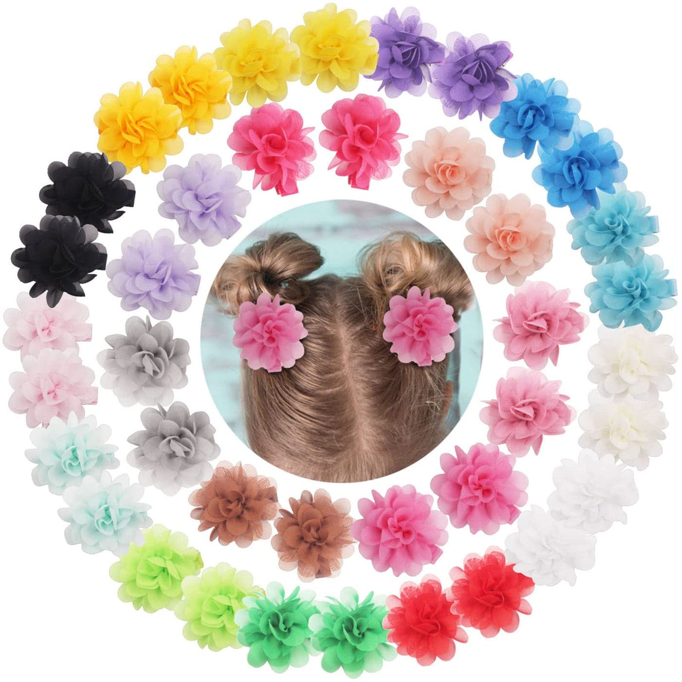 DeD 40PCS 2 Chiffon Flower Hair Bows Clips Flower Tiny Hair Clips Fine Hair for Girls Infants Toddlers Set of 20 Pairs
