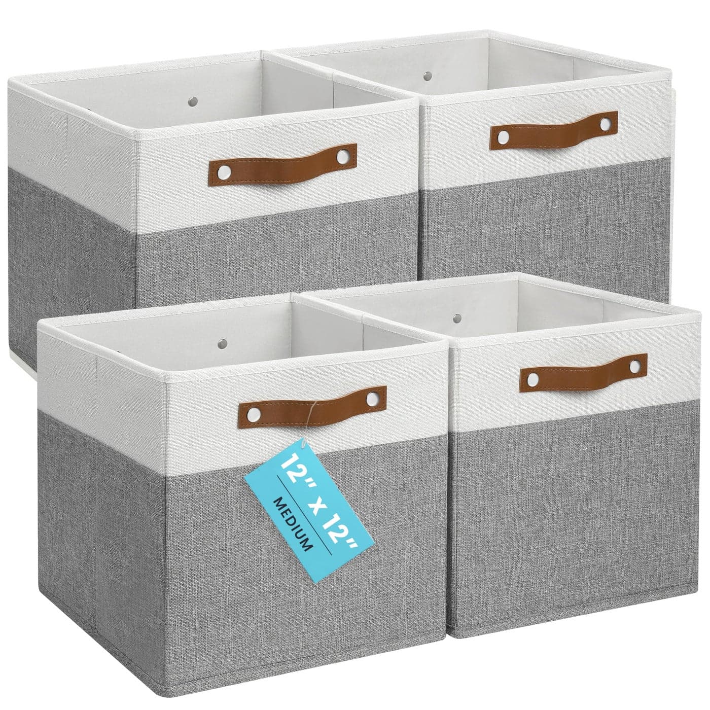 OrganiHaus 12 x 12 x 12 Fabric Cube Storage Bins Set of 4 Cube Fabric Organizer Bins with Vegan Handles Kallax Storage Cubes 12Inch Cubic Baskets for Shelves Grey White