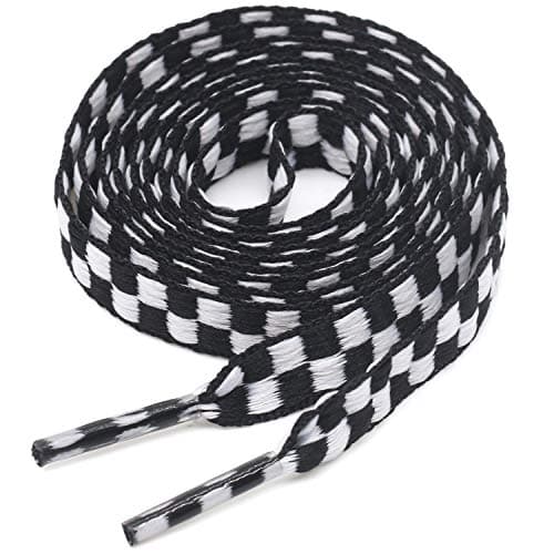 YJRVFINE Flat Checkered Shoe Laces: Wide 5/16" Patterned Shoelaces for Sneakers Black White 55 Inch 2 Pair