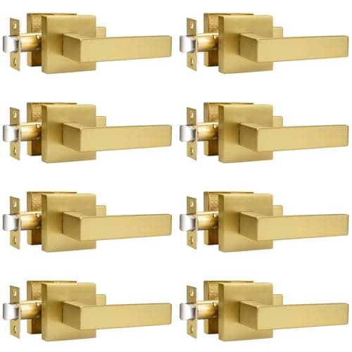 Probrico 8 Pack Square Brushed Gold Passage Door Handle Heavy Duty Keyless Door Lever Lock for Hallway Closet Interior Satin Brass Door Knobs Lockset