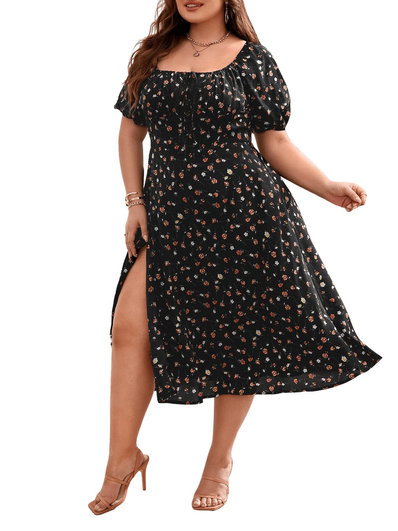 Floerns Women's Plus Size Floral Print Tie Front Square Neck Slit Hem Midi Dress Black 1XL