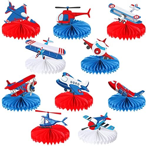 Faccito 10 Pcs Airplane Honeycomb Centerpieces Airplane Party Supplies 3D Aircraft Table Topper Aircraft Centerpieces Decorations Standing Cards for Birthday Party Shower Decor Supplies