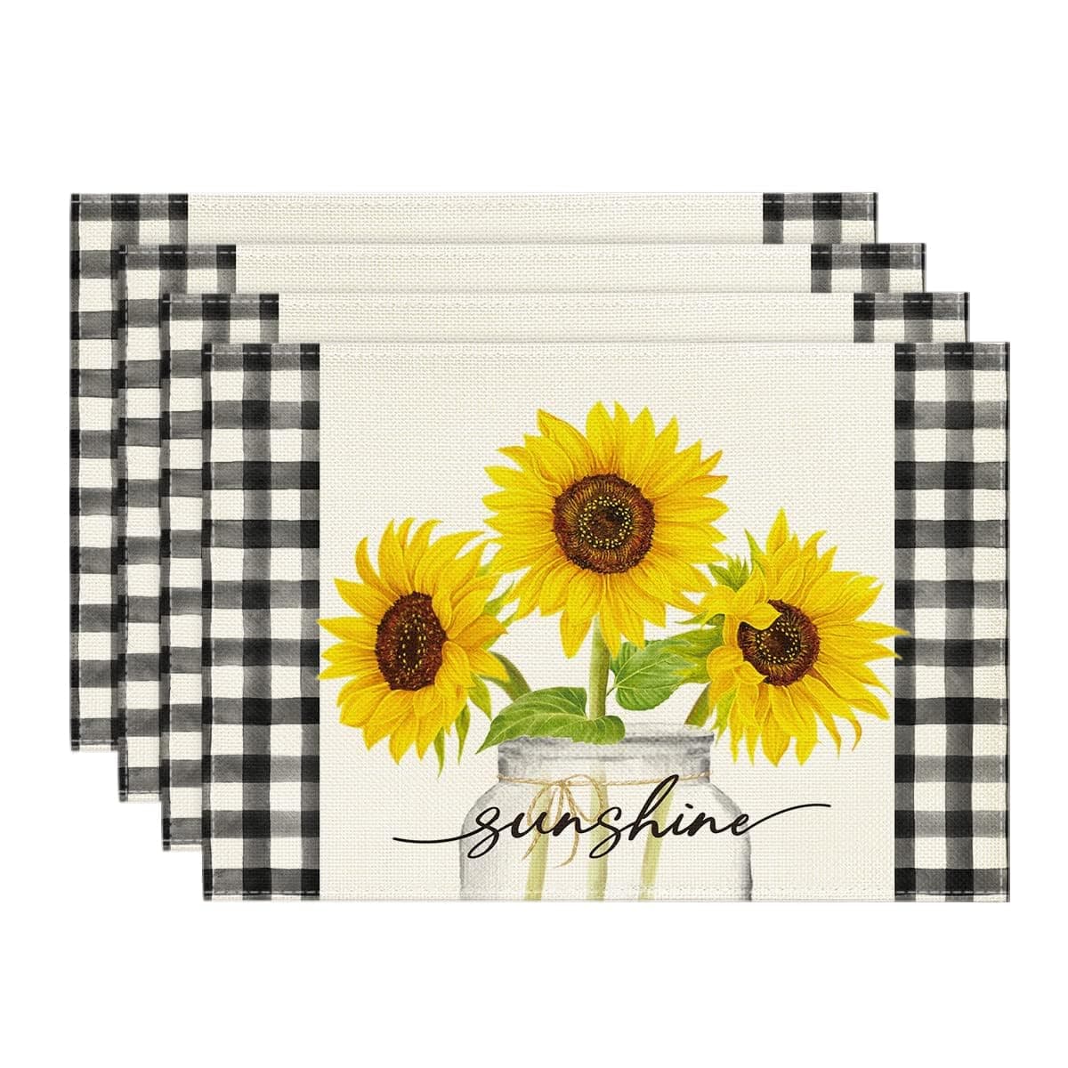 Artoid Mode Buffalo Plaid Sunflower Sunshine Vase Summer Placemats Set of 4 12x18 Inch Spring Table Mats for Party Kitchen Dining Decoration
