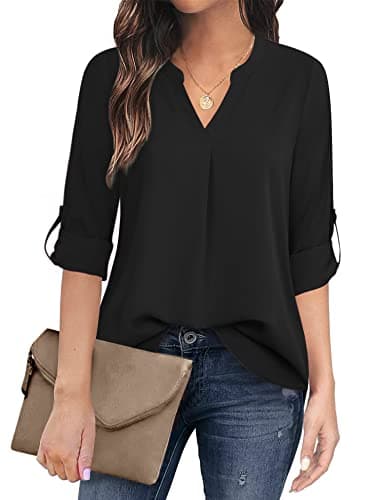 Timeson Black Blouses for Women, Dress Shirts Business Long Ladies Dressy Tops 3/4 Sleeve Tunics Chiffon V Neck Blouse for Office Work Casual Professional Attire Funeral