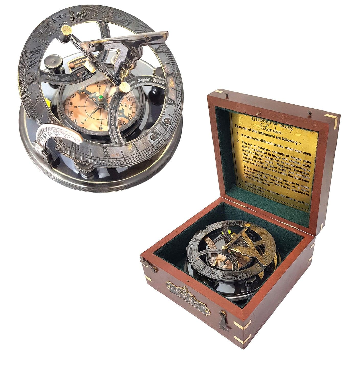 Brass Nautical 5 inches Large Sundial Compass in Rosewood Case Top Grade Calibrated Vintage Gift