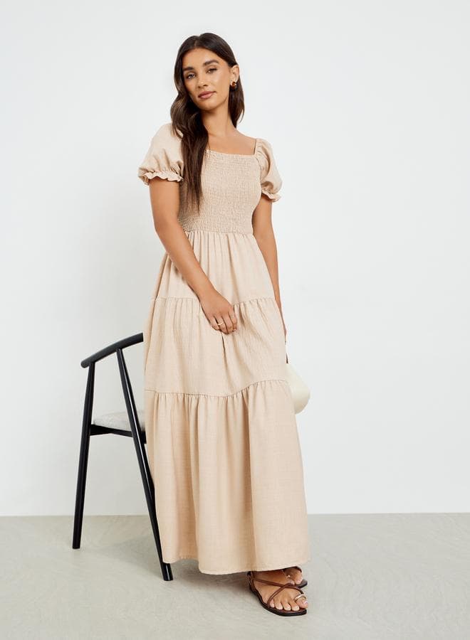 Beige Square Neck Tiered Maxi Dress