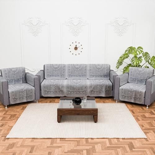 Kuber Industries 5 Seater Cotton Sofa Set Cover + Armrest Cover | Sofa Slipcover Protector for Home Living Room, Hall & Office | Net S19 Flower- Grey