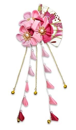 CRB Fashion Womens Kimono Traditional Tsumami Kanzashi Outfit Wedding Japanese Asian Yukata Hair Tie Flower Floral Fan Barrette Clip Pink Off White