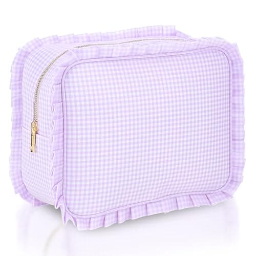 SilTriangle Purple Gingham Ruffle Makeup Bag 10 x 8 x 45 Inches Large Ruffle Pouch Travel Cute Checkered Cosmetic Toiletry Bag with Zipper for Women Girls Toiletry Pouch Make up Organizer Gift