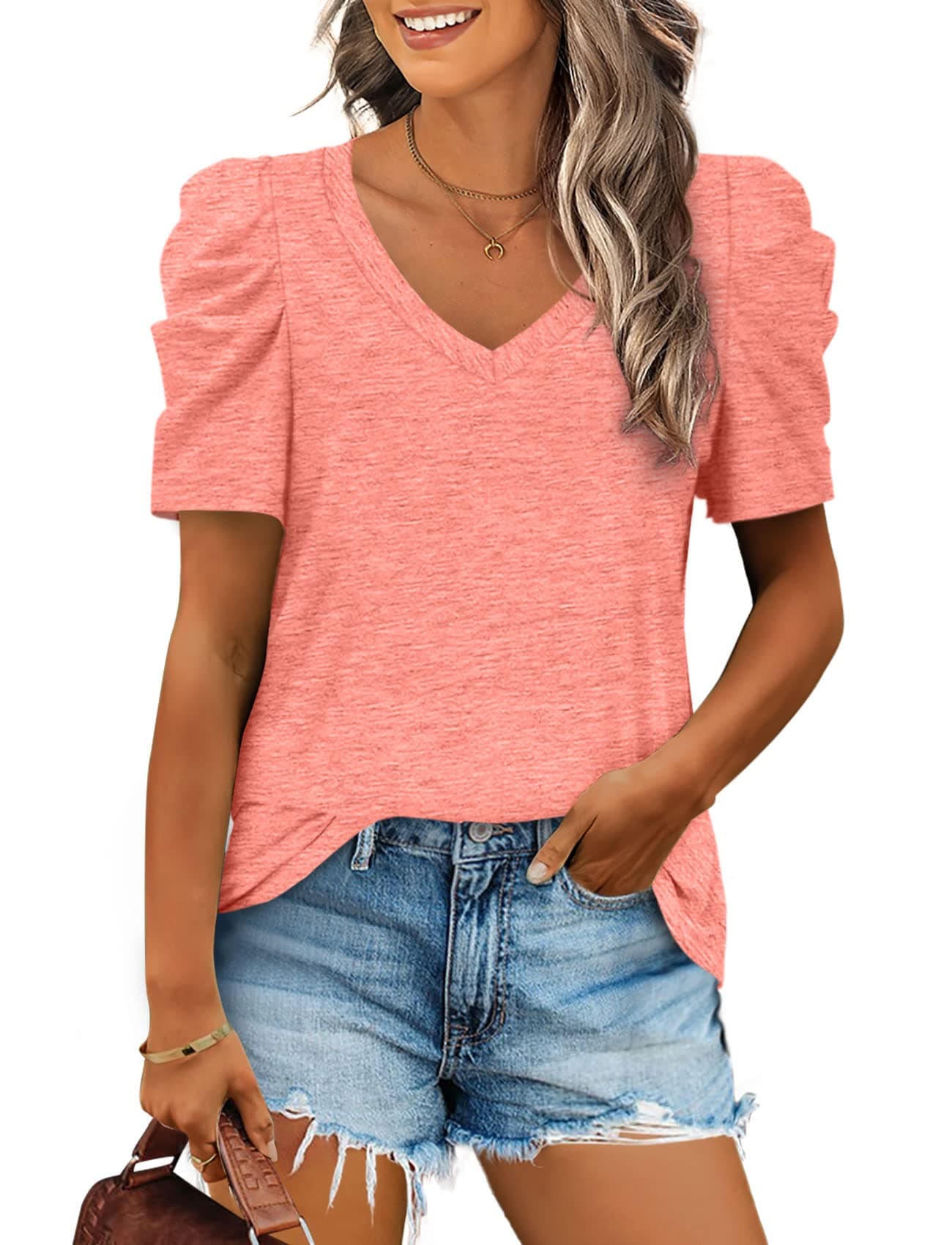 Womens Summer Tops Short Sleeve Shirts for Women Tshirts Loose Fit Flowy Plain Pink L