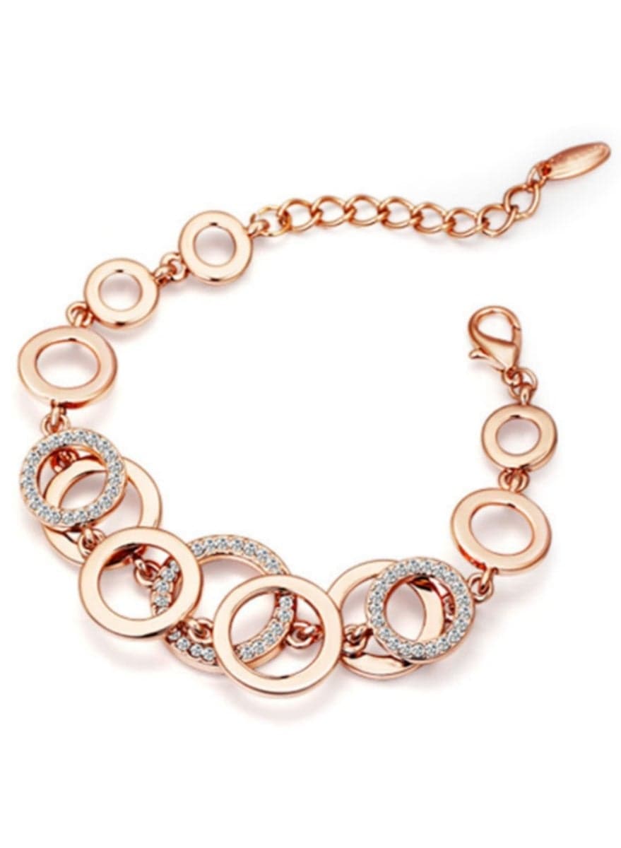 Geometric Double-Layer Gold Statement Bracelet | Embedded Round Rhinestones | Fashion Party Gold-Plated Charm Bracelet (Rose Gold)