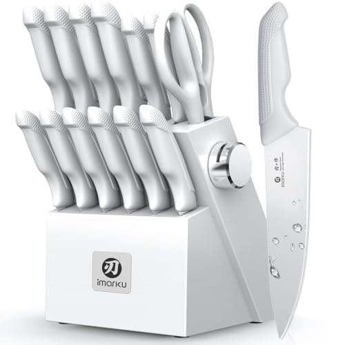 imarku 14 Pcs Kitchen Knife Set, Japanese Knives Set for Kitchen, Stainless Steel Knife Set with Block and Build-in Sharpener, White, Anti-Slip Handle, Dishwasher Safe, Gift for Women