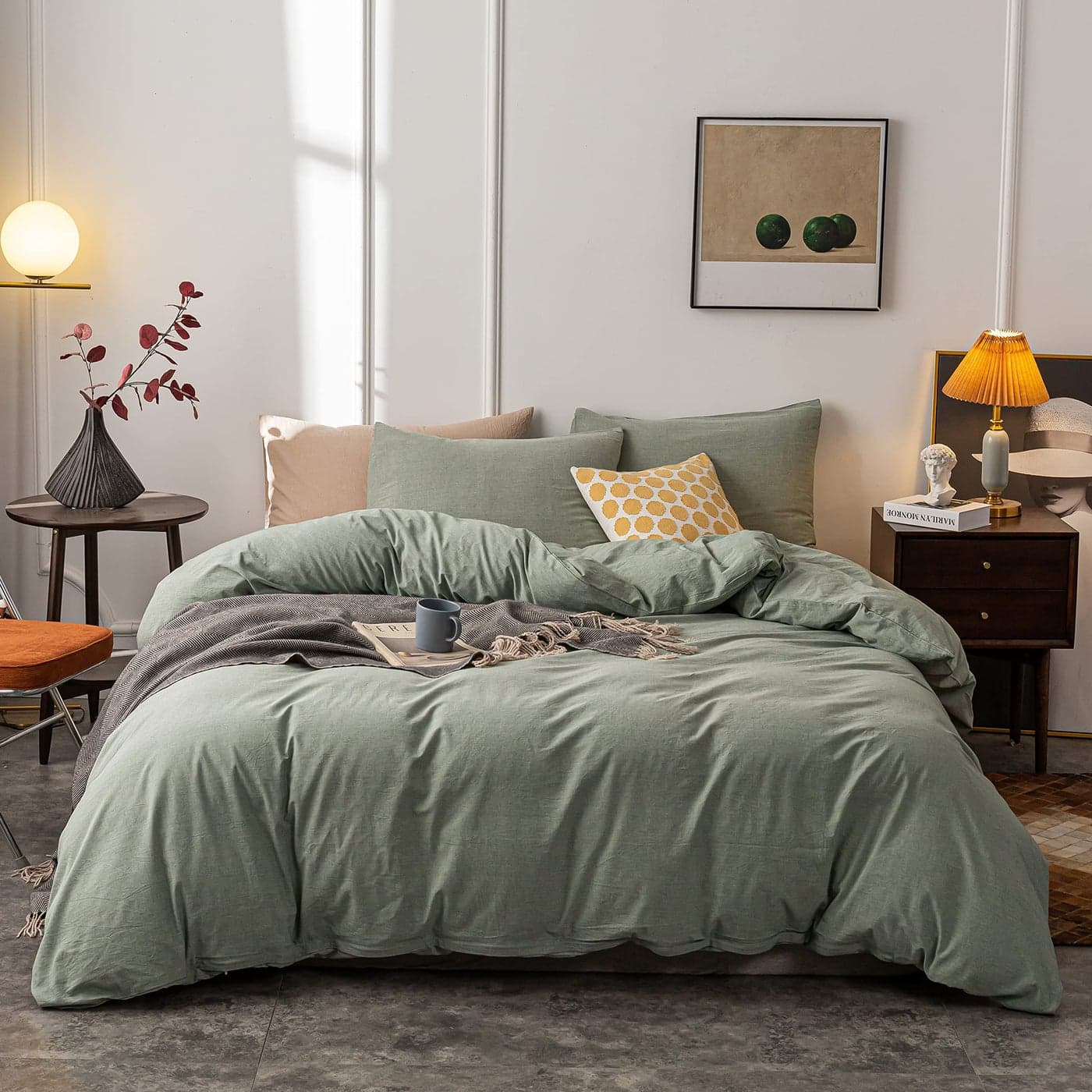 Janlive Washed Cotton Duvet Cover King Ultra Soft 100 Cotton Solid Color Olive Green Duvet Cover Set with Zipper Closure 3 Pieces Olive Green King