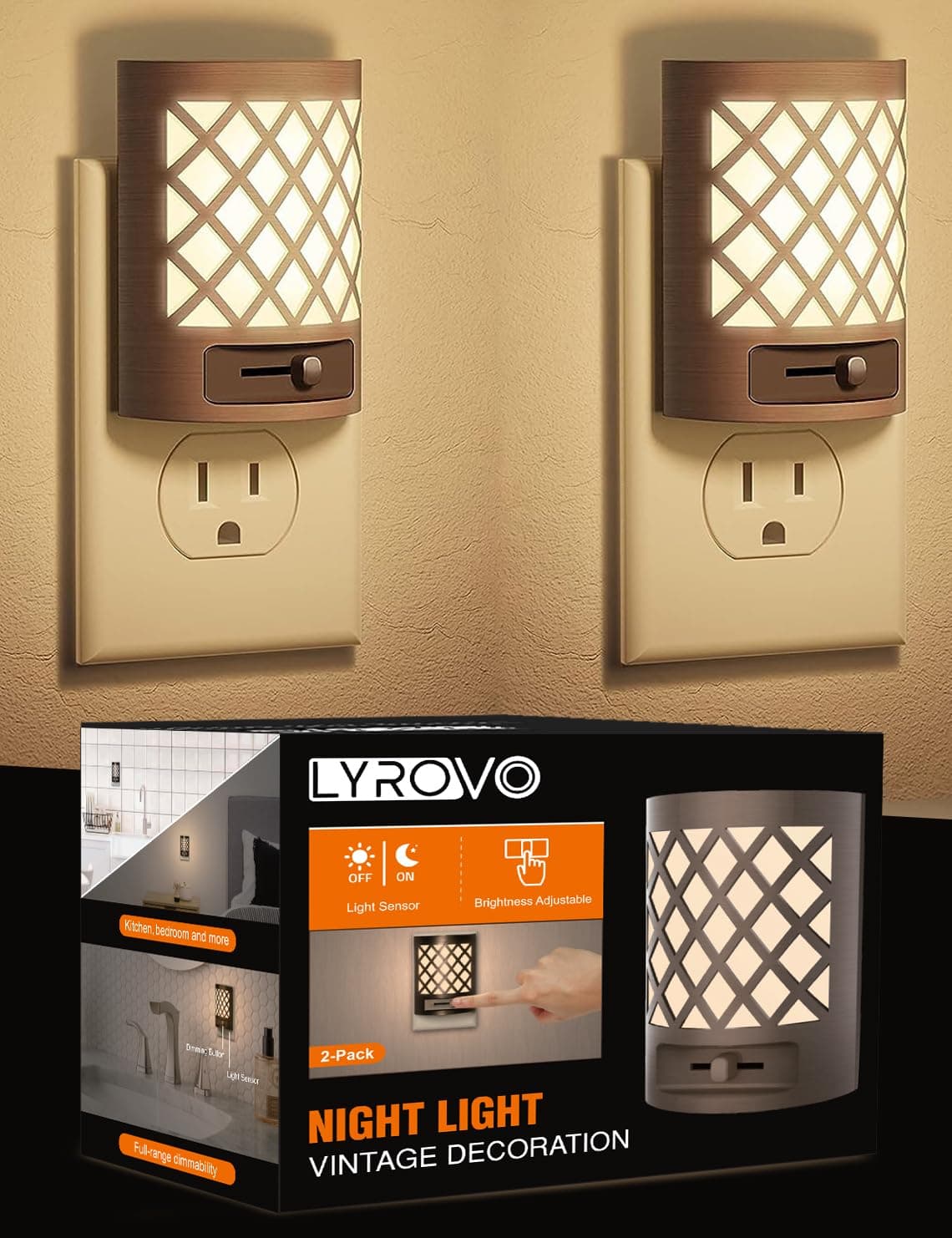 Lyrovo Abs Plastic Auto On/Off Night Light Lamp For Bathroom, Hallway, Bedroom,Kids Room,Stairway,Soft White 3000K (2, LY-GY033-NL)