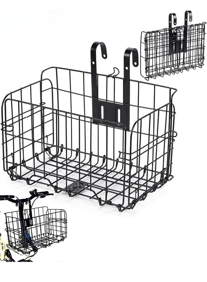 Bike Baskets,Metal Bicycle Front/Rear Basket,Foldable Handlebar Bicycle Baskets For Adult Bikes,Detachable Hanging Storage Basket Fits Most Bikes,Beach Cruiser,Stationary Bike,Ebike,Road Bike,Black
