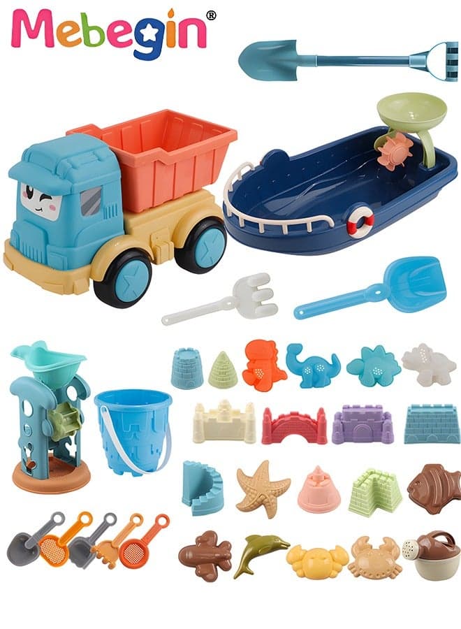 32 Pieces Beach Toys with Sand Bucket, Hourglass Dump Truck, Shovels and Other Accessaries, Sand Pails Set, Complete Beach Sand Toys with Bright and Attractive Appearance, Fun Beach Sand Toys, Summer Outdoor Beach Game, Perfect Summer Outdoor Gift