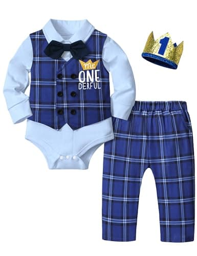 Aulyffo 1st Birthday Outfit BoyFirst Birthday Boy Outfit Mr Onederful Long Sleeve Romper Double Breasted Vest Pants Bowtie Cute Hat 5Pcs Baby Boy First Birthday Outfits Blue Plaid