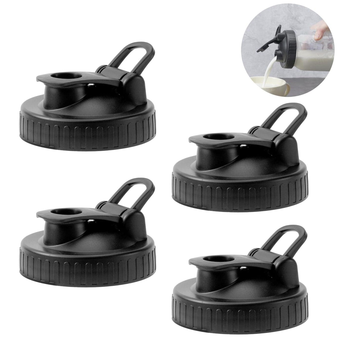 FyndraX Pour Spout Lids for Ball Regular Mouth Mason Jars Airtight Canning Jar Flip Cap Top Lid for Drinking Salad Dressing Pouring LeakProof Black Pack of 4