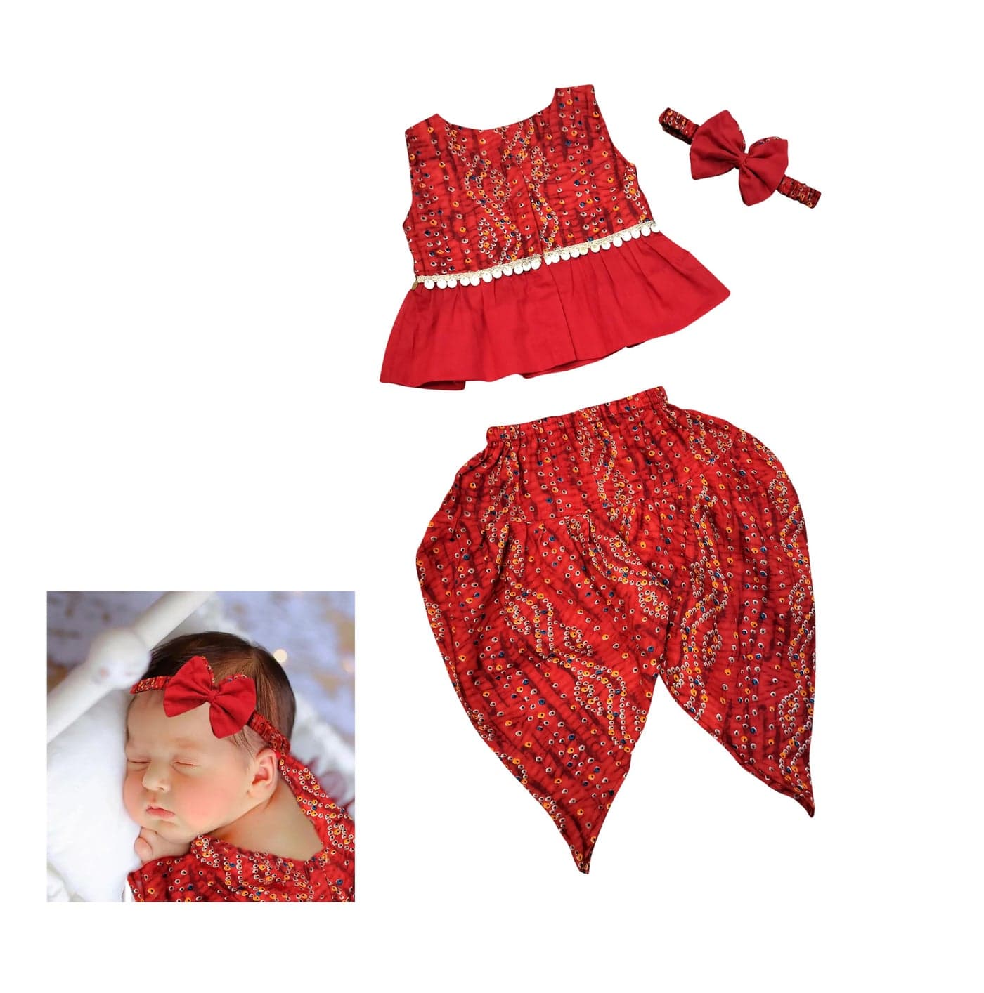 The Root And Craft Kids Birthday Photoshoot Outfit Dress Girls Bandhani printed Top With Dhoti pant & Hairband Born Baby Photography Photoshoot Props(0 to 3 Month Bbay)
