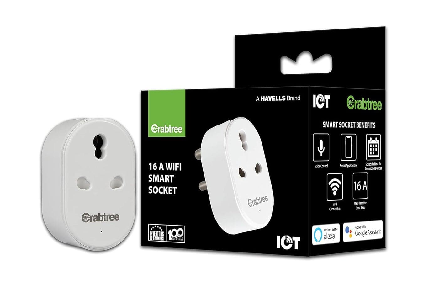 Havells 16 A WiFi Smart Plug White ACST161603 with Energy Monitoring Suitable for Large Appliances like Geysers Heaters OFRs Air Conditioners Works with Alexa and Google Assistant White