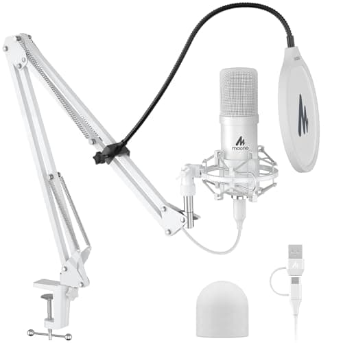 MAONO USB Microphone 192kHz24bit Plug Play PC Computer Podcast Condenser Cardioid Metal Mic Kit with Professional Sound Chipset for Recording Gaming Singing YouTube AUA04 White