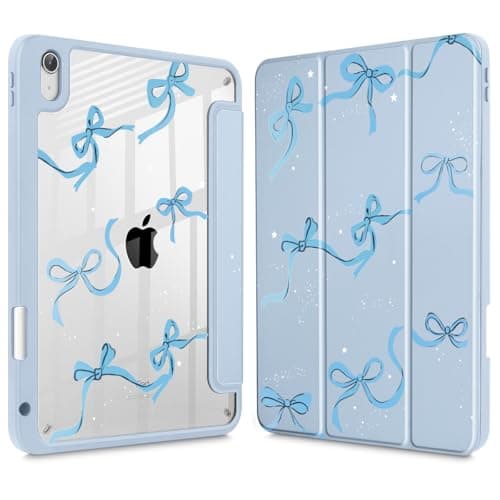 May Chen for iPad Air 11-inch M4/M3/M2 (2026/2025/2024), iPad Air 5th/4th 10.9 Inch - Shockproof Cover with Clear Back Shell & Penceil Holder Auto Wake/Sleep Stand Cover, Blue Bows