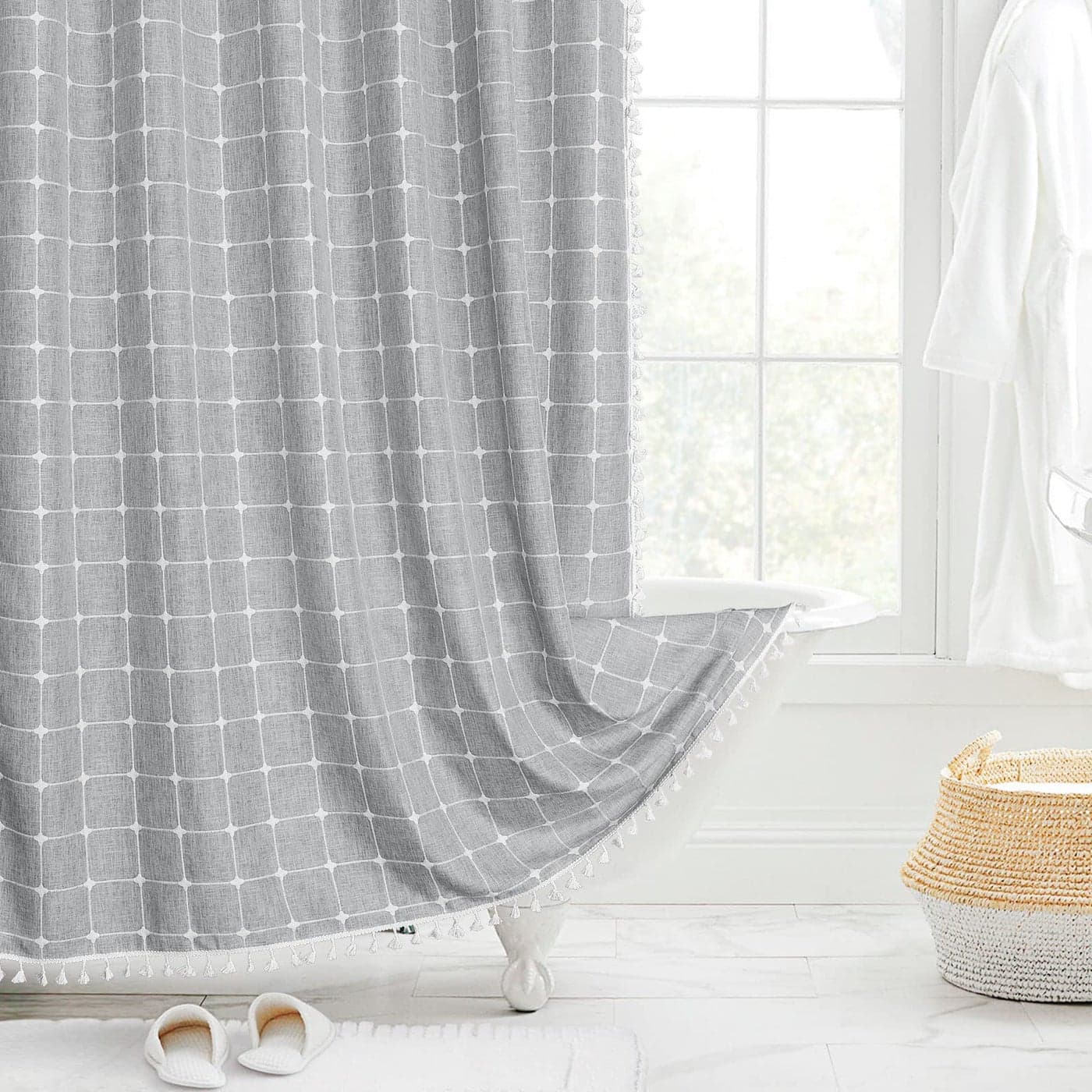 MitoVilla Modern Farmhouse Shower Curtain Set Grey Boho Shower Curtains for Bathroom Decor Vintage Rustic Thick Linen Fabric Country Tassel Cloth 72 x 72
