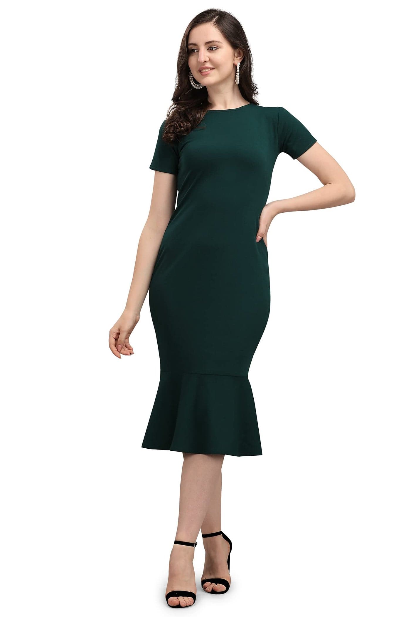 PURVAJA Women's Midi Bodycon Dress (Ruby-005-GN-M_Dark Green_M)