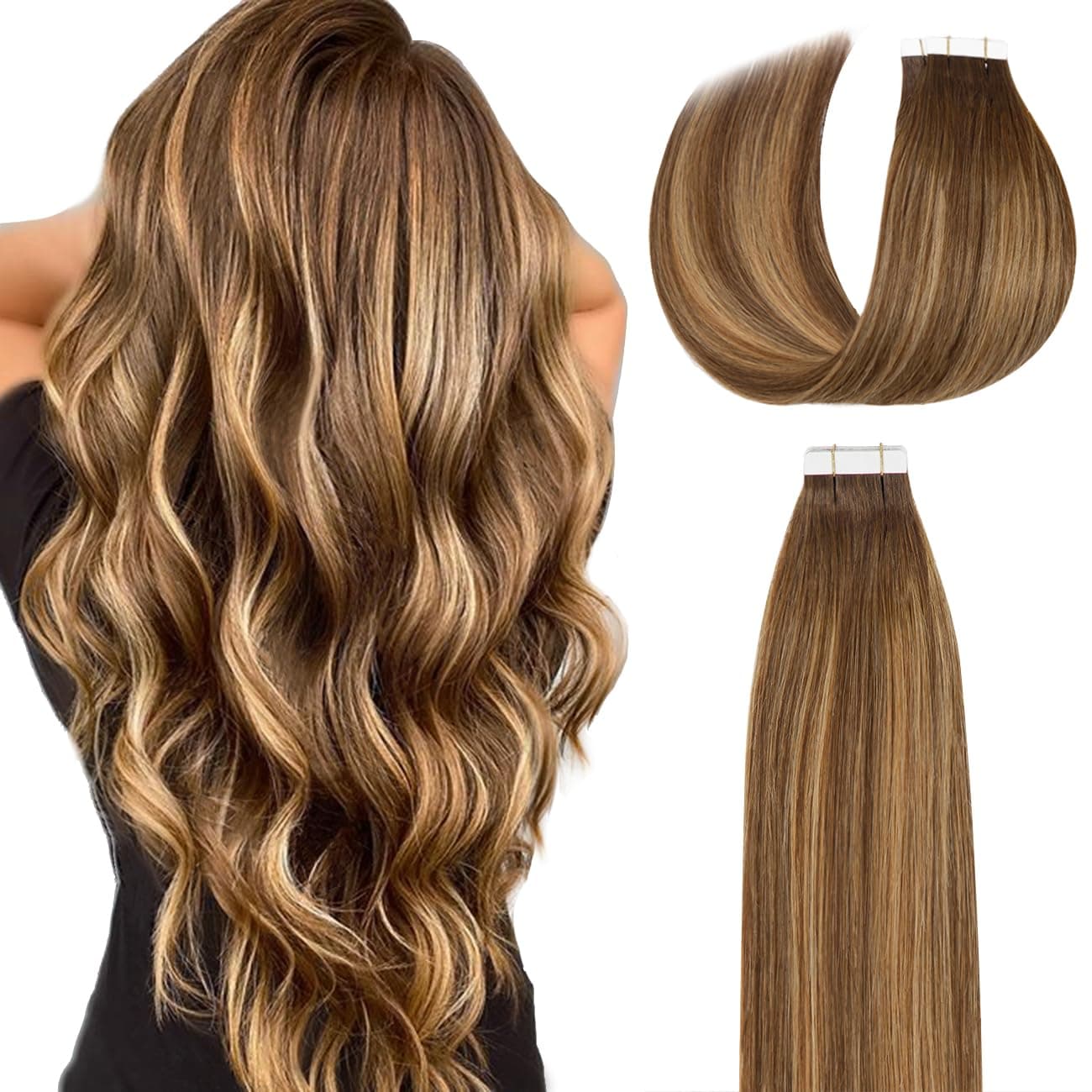 Lacer Tape in Hair Extensions Remy Human Hair 20 Pieces 50 Grams Human Hair Tape in Extensions Chocolate Brown to Caramel Blonde Hair Exteniosions Tape ins R4427 24 Inches