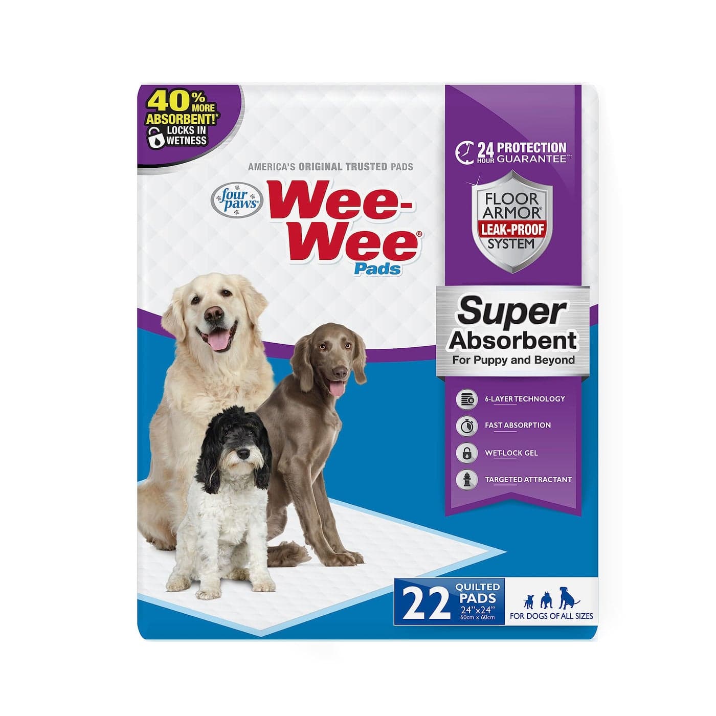 Four Paws WeeWee Super Absorbent Unscented Pee Pads for Dogs Puppies with InstaRise Border LeakProof Dog Housebreaking Potty Training Floor Protection 24 x 24 22 Count