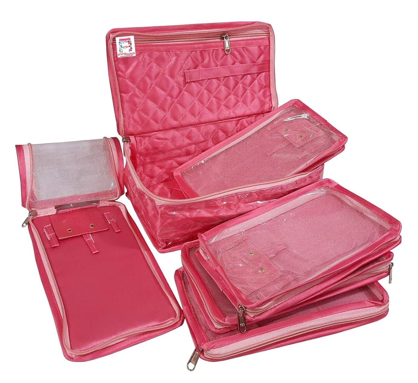 atorakushon Satin Makeup Pouches Cosmetic Necklace Earrings Vanity Jewellery Organizer for Womens Pink
