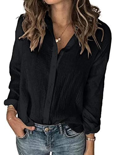 Karlywindow Womens Long Sleeve Button Down Cotton Linen Shirt Blouse Loose Fit Casual V-Neck Tops Black