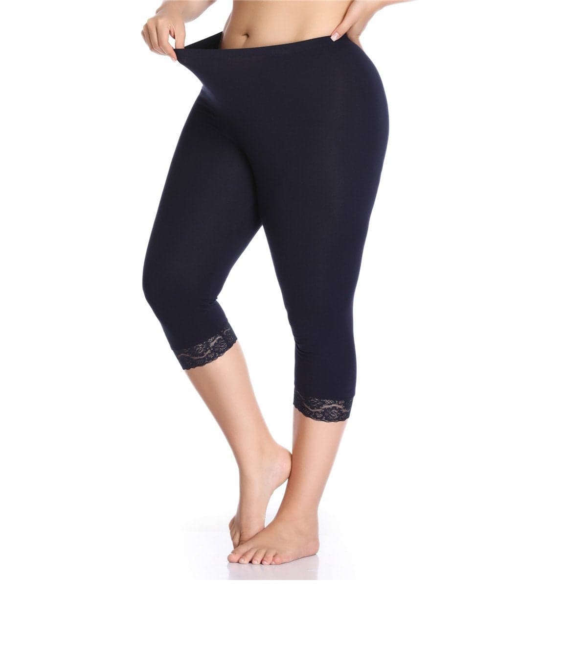 Kotii Women's Plus Size Lace Trim Capri Leggings Stretch Crop Leggings Summer Tights Pants, Navy, 3X