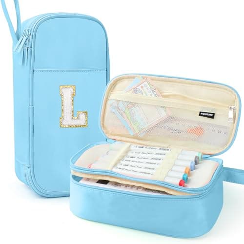 Nuozme Large Pencil Case,Big Capacity Pencil Pouch,Personalized Initial Pencil Bag with smooth zipper,Multiple Pockets,Cute Aesthetic Stationery Pen Case Bag for Teen Girls College (Blue, L)