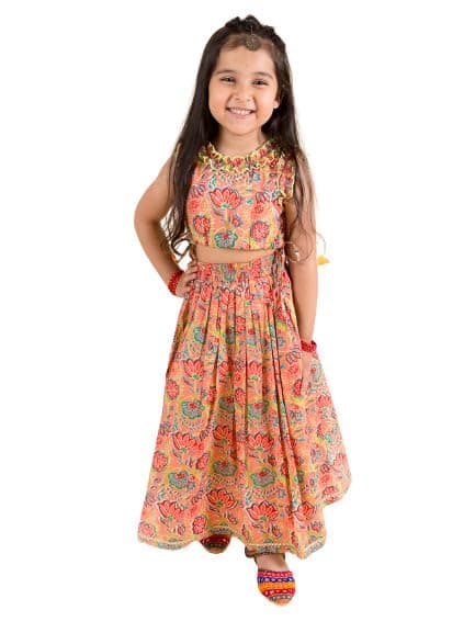 Pspeaches Girl's Coral Blue Printed Pure Cotton Ready To Wear Readymade Lehenga And Choli Set, (Orange-7-8Y)