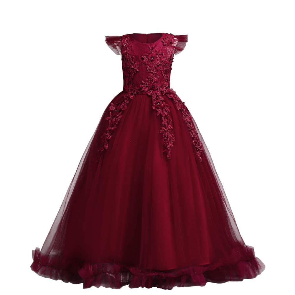 Big Little Girl Princess Embroidery Flower Lace Long A Line Pageant Dress Kids Floor Length Prom First Holy Communion Bowknot Dress Puffy Tulle Maxi Ball Gown for Wedding Party Birthday Red 78