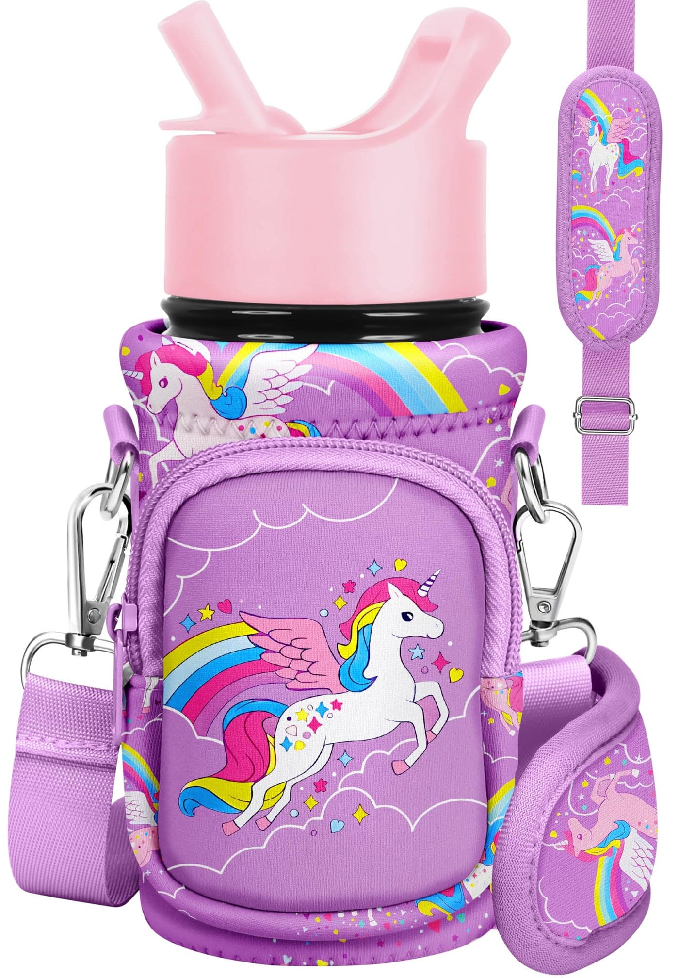 Miss Adola Water Bottle Carrier with Strap - Cute Cartoon Insulated Kids Water Bottle Holder for Boys Girls Purple Unicorn Neoprene Bottle Bag for 10/12/14/16/18Oz Stainless Glass Bottles Sleeve