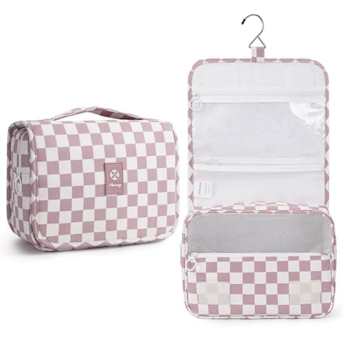 Narwey Small Hanging Travel Toiletry Bag for Traveling Women, Checkered Travel Bag for Toiletries, Makeup Bag Organizer Make Up Cosmetic Bags,Gifts for Kids Teen Girls (Dusty Pink Checkerboard)