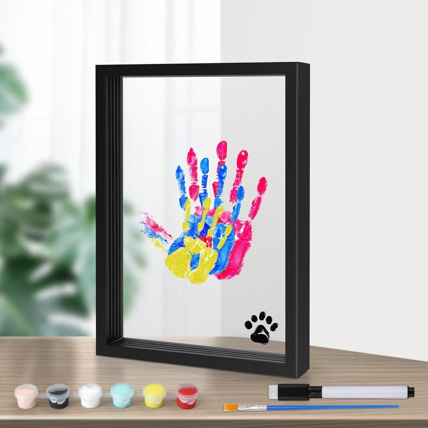 Family Handprint Kit Transparent Baby Kid Photo Frame Wooden Colorful Craft Clear Picture Keepsake Expecting Newborn Parent Gift for After Infant Birth Home Decoration with 6 Acrylic PaintBlack