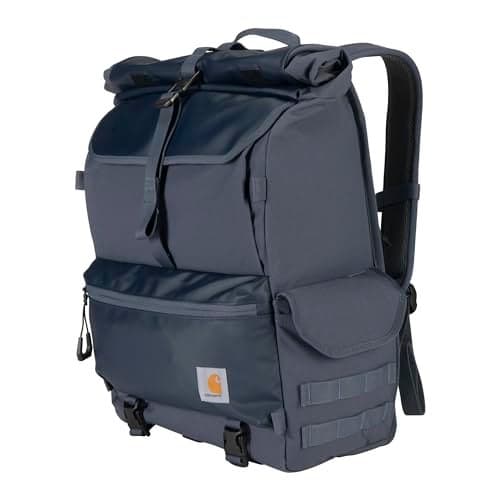 Carhartt 40L Nylon Roll Top Backpack, Heavy-Duty Water-Resistant Material W/ 17" Laptop Sleeve, Bluestone