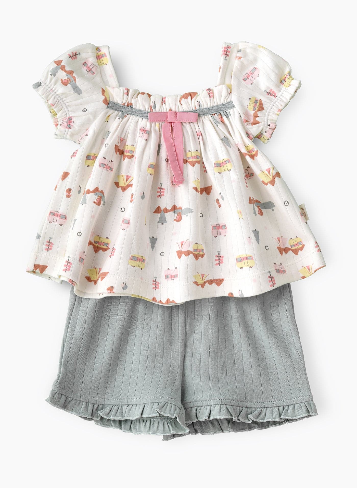 Girls' Camping Print Top & Ribbed Knit Shorts Set